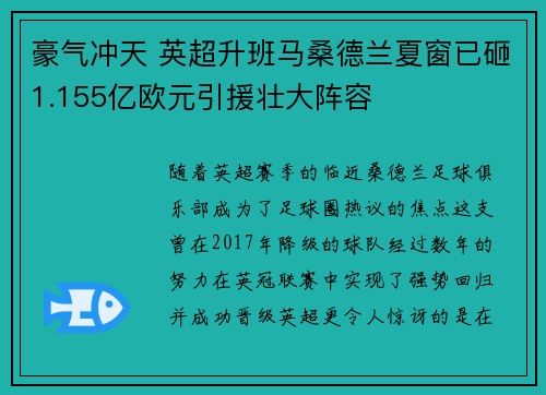 豪气冲天 英超升班马桑德兰夏窗已砸1.155亿欧元引援壮大阵容